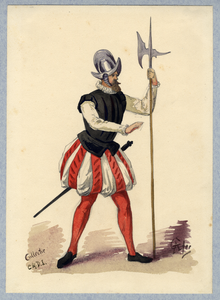 32804 Afbeelding van een kostuumontwerp van een soldaat in een 16de-eeuwse uitrusting, figurant in de maskerade van de ...